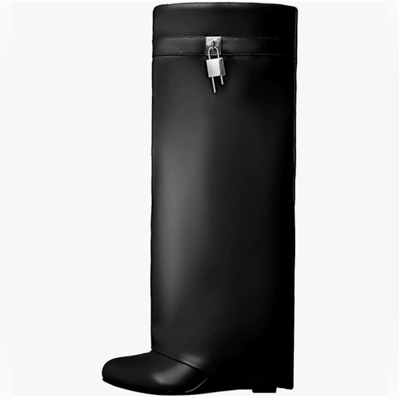 NEW IN BOX Black Fold Over Wedge Heel Wide Calf Pull On Knee High Boots Size 10 - Picture 2 of 16